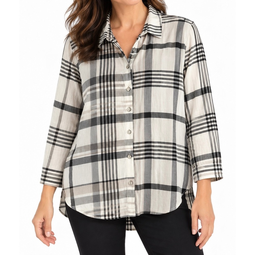 Habitat Clothes to Live In Plaid Button Front Shirt White Black Tan Large 48720